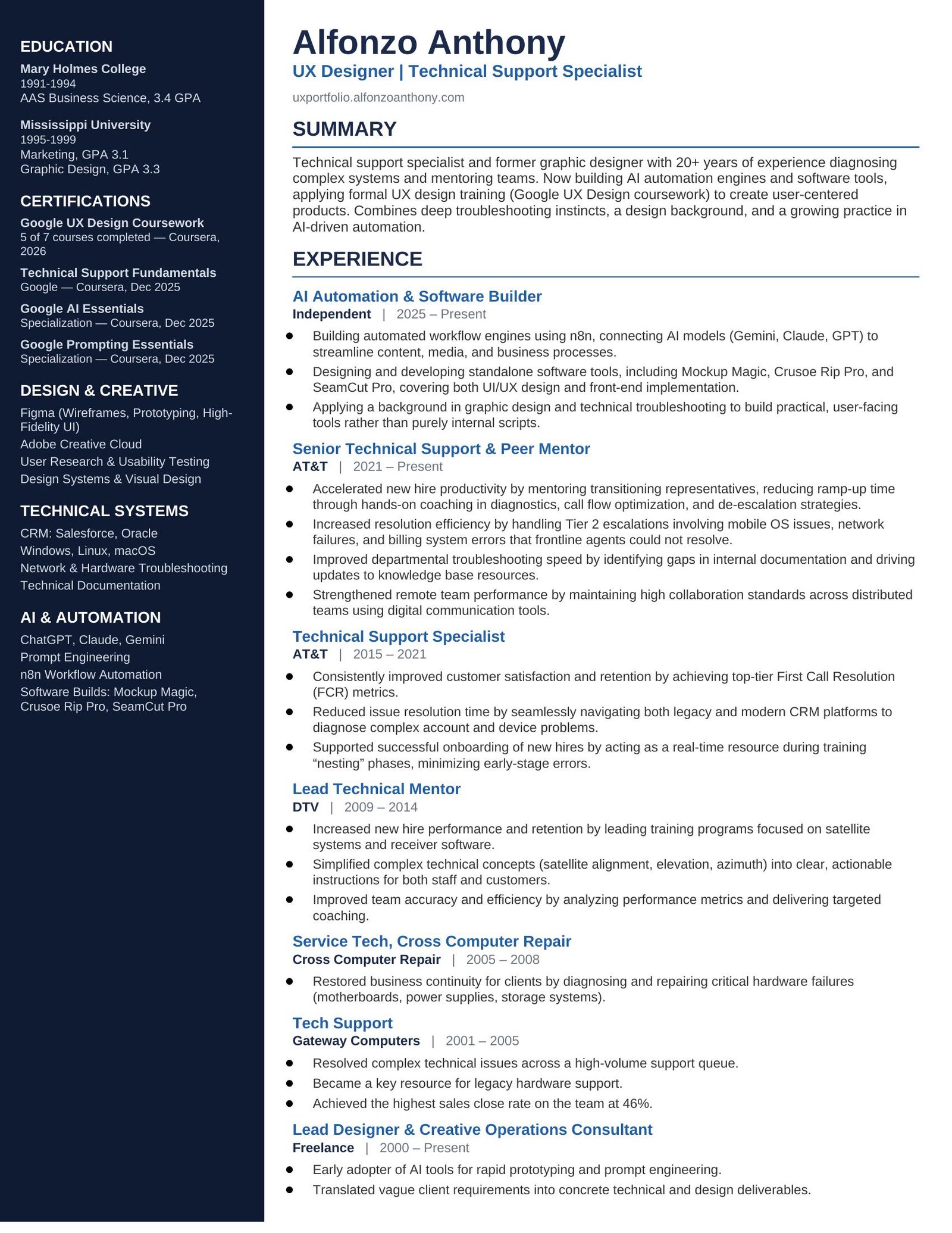 Alfonzo Anthony resume — UX Designer and Technical Support Specialist